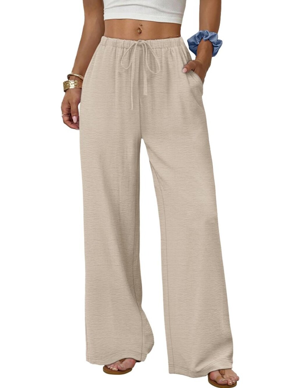 Wide Leg Palazzo Pants Drawstring Elastic Waist Flowy